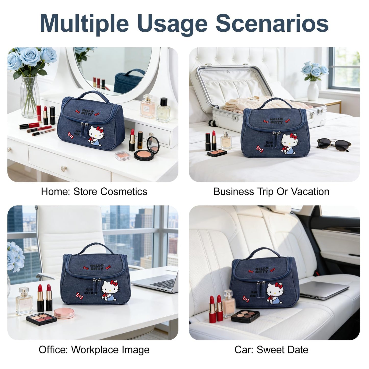AmBealla Makeup Bag Large Denim Cosmetic Bags,Cute Embroidered Makeup Organizer for Women Traveling,Portable Toiletry Bag for Girls