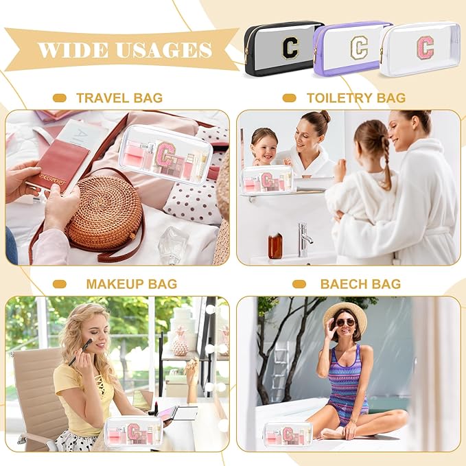Personalized Initial Letter Clear Makeup Bag,Preppy Small Nylon&PVC Cosmetic Zipper Bag with Chenille Letter,Travel Skincare Toiletry Bag,Monogram Christmas Gift for Teen Girls Women,C