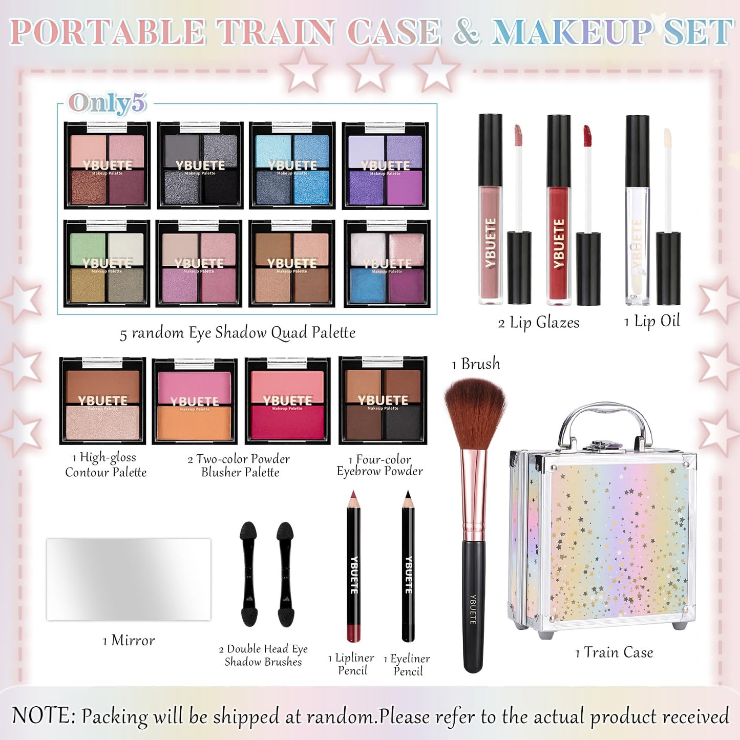 YBUETE Beginner Makeup Set for Teen Girl Women, Makeup Present for Her, Makeup Kit with Cosmetic Train Case Contained Eyeshadow Blush Lip Gloss and Oil Lip Liner Eyeliner Brushes Mirror (Pink)