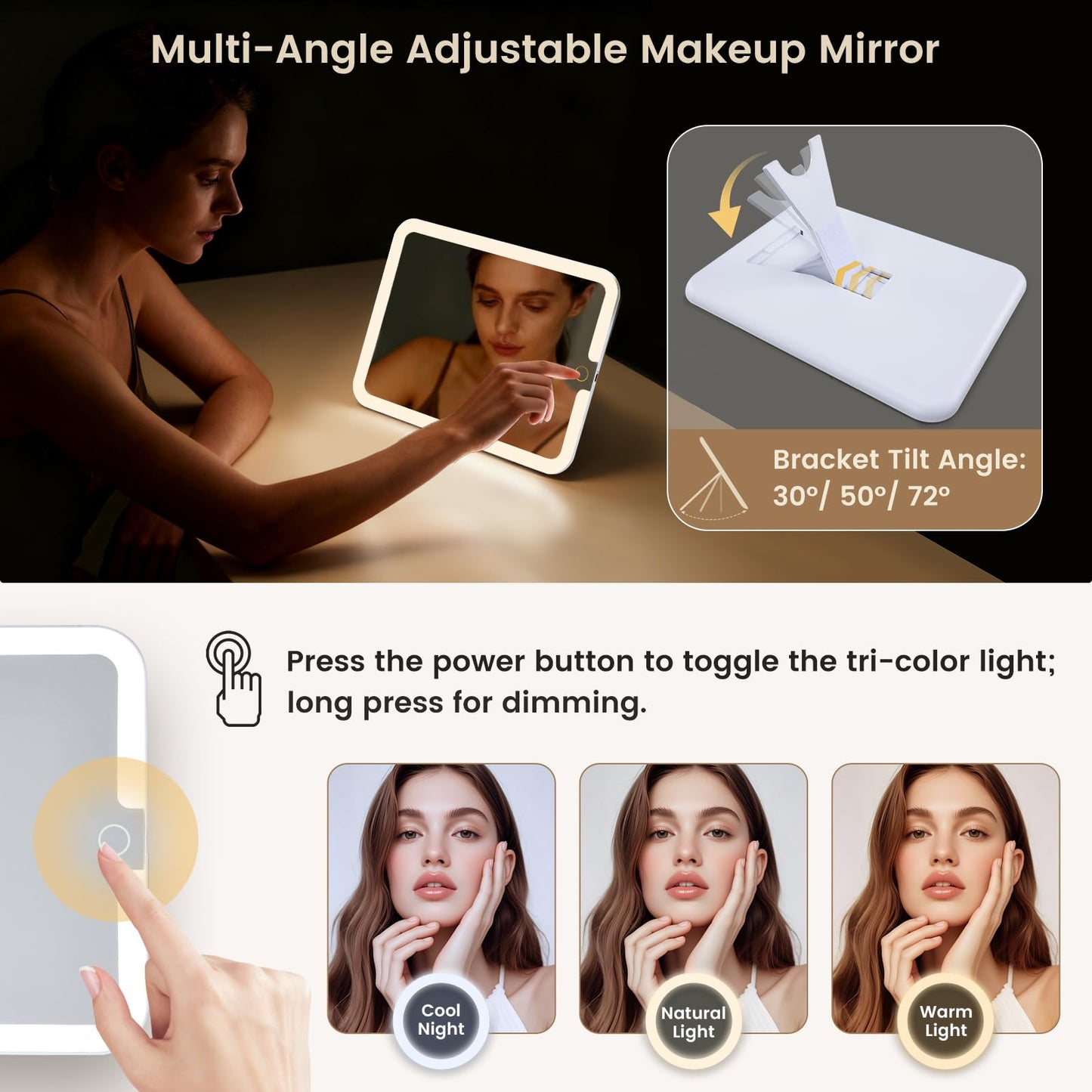 Faquenc Makeup Bag with LED Lighted Mirror 12.2 IN Cosmetic Train Case Double Layer Makeup Case Adjustable Brightness in 3 Colors Cosmetic Organizer Artist Storage with Brush Holder Vanity Beige