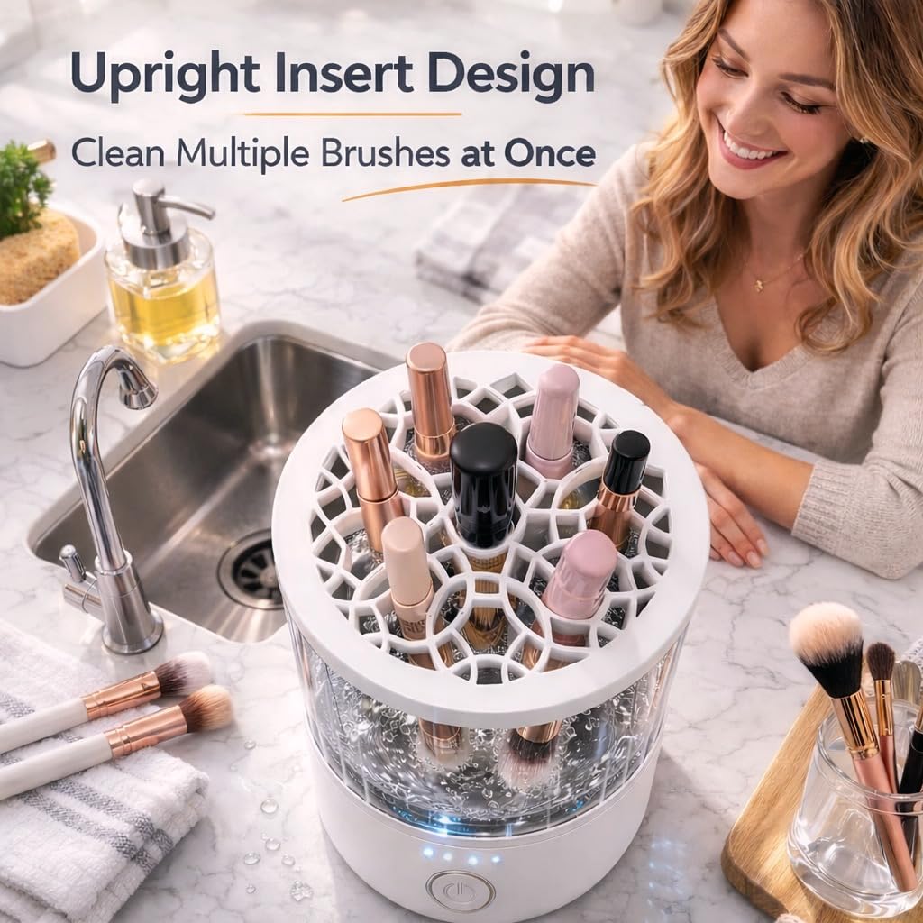 Mottinhill Makeup Brush Cleaner Machine, Automatic Electric Makeup Brush Cleaner with 4 Adjustable Speeds, Deep Cleaning Device, Portable USB Rechargeable (Gery White)