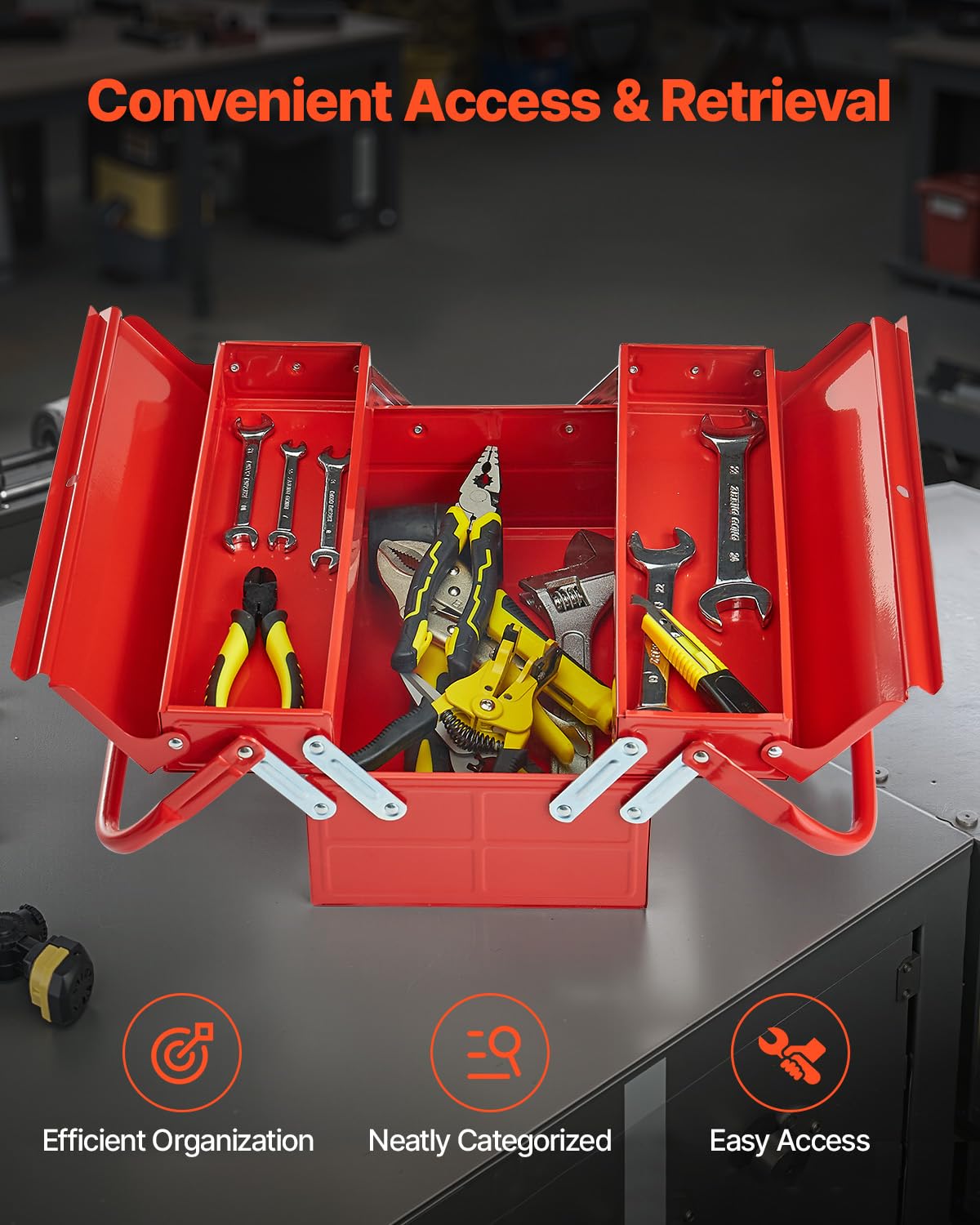 VEVOR Metal Tool Box, 14-inch, 2-Tier 3-Tray Portable Folding Tool Chest Organizer with Handle & Lock Hole, Powder Coated Steel, Cantilever Toolbox for Household Factory Warehouse Repair Shop, Red