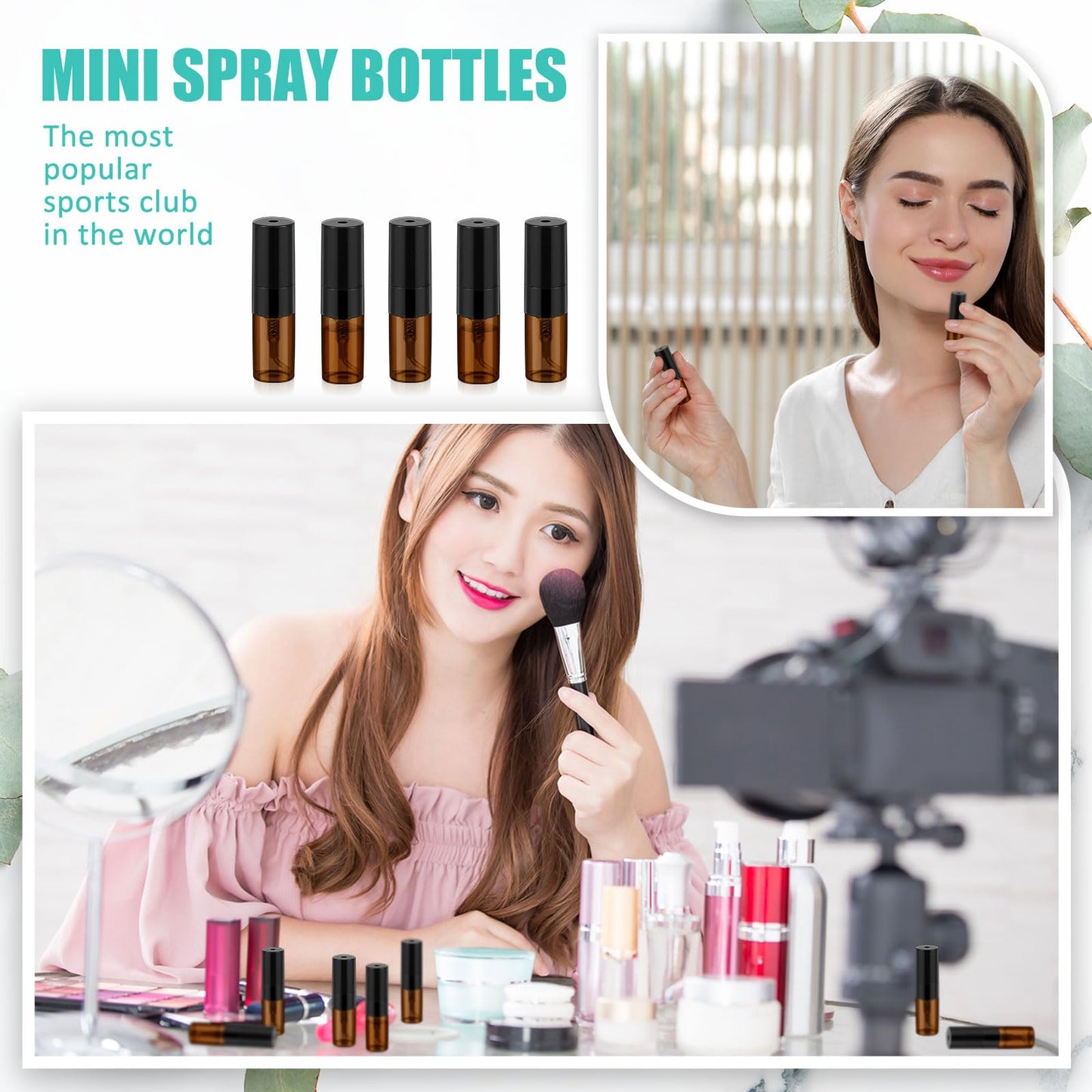 Zhehao 50 Pcs Mini Spray Bottles 2 ml Clear Glass Perfume Bottles Refillable Fine Mist Perfume Atomizer Portable Empty Sample Containers for Cleaning, Essential Oils, Travel (Amber)
