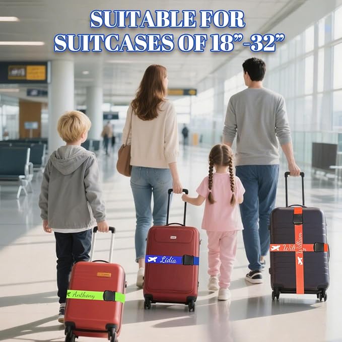 Personalised Suitcase Straps with Embroidery, Adjustable Luggage Strap with Quick-Release Buckles, Secure & Thick Luggage Straps for Suitcases, 80 Inch Custom Travel Belt for Luggage (6 Pieces)