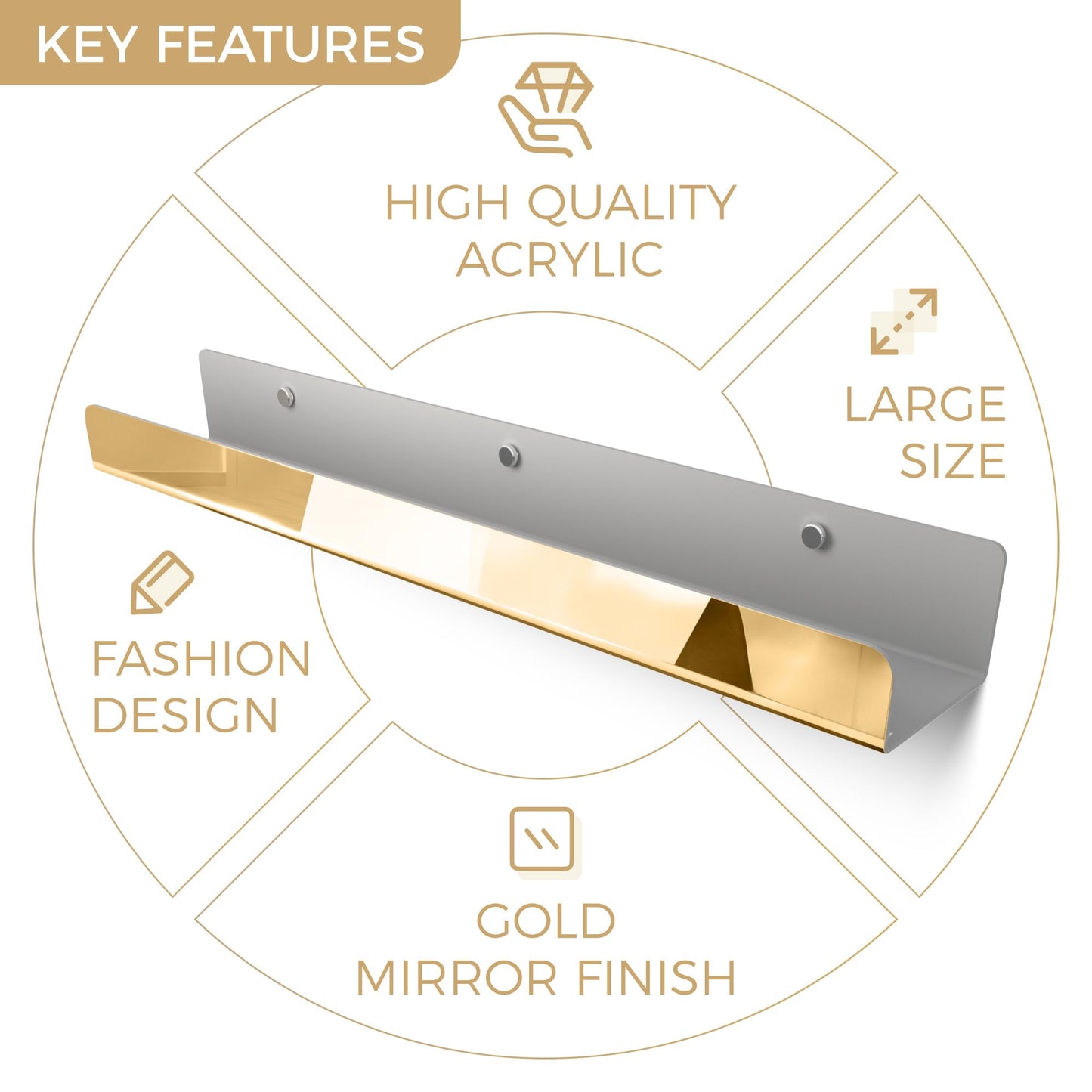 RORKIM 2 Pack 24 Inch Gold Reflective Acrylic Shelves, Gold Foating Shelves, Modern Sunglasses Essential Oil Picture Ledge Display Toy Storage Shelf