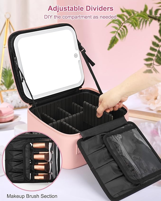 Relavel Initial Makeup Bag with LED Mirror for Women Girls, Personalized Travel Cosmetic Organizer Train Case, Birthday Gifts for Grandkids Bridesmaid Graduation Teacher Friends, Trendy Stuff, Pink N