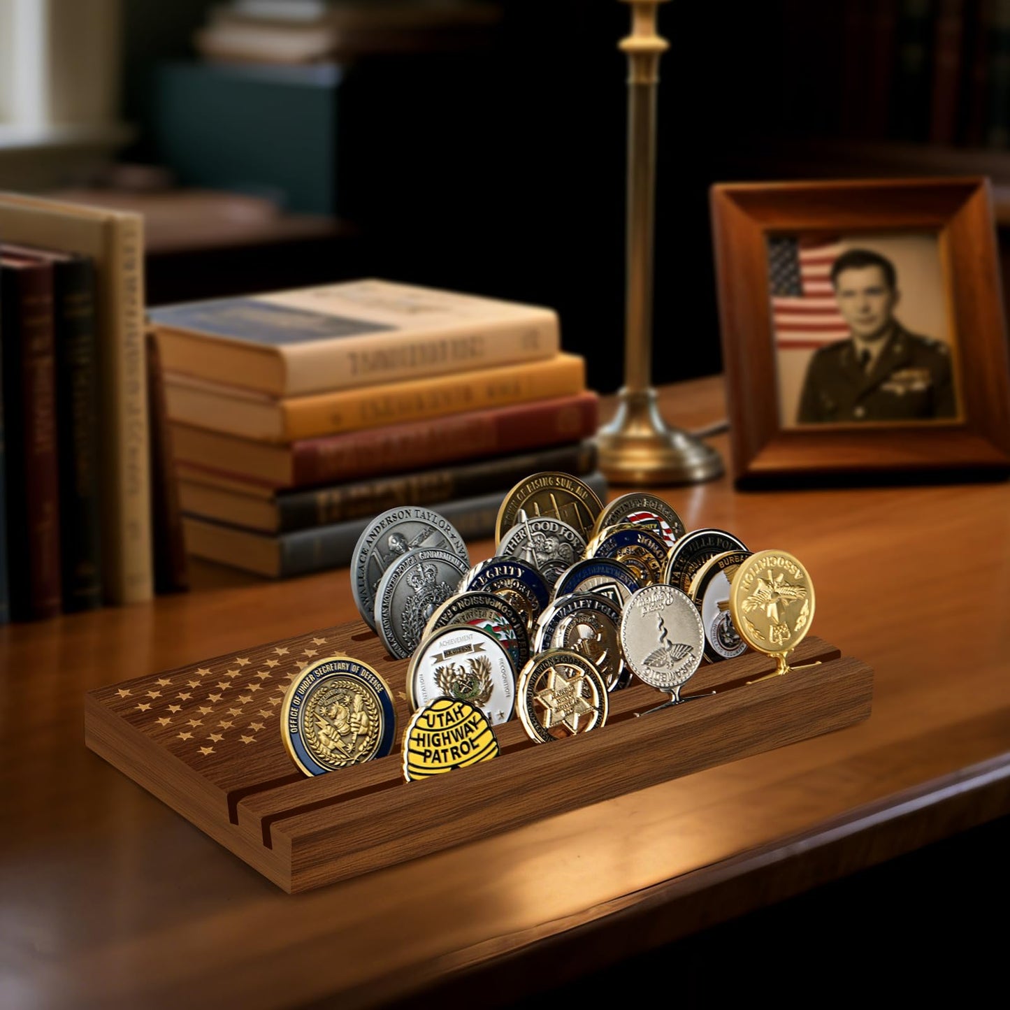 Samplife Challenge Coin Display Walnut , Solid Wood Military Coin Holder Rack for Collectors American Flag Style, Desk or Shelf Display (Natural Walnut, Medium)