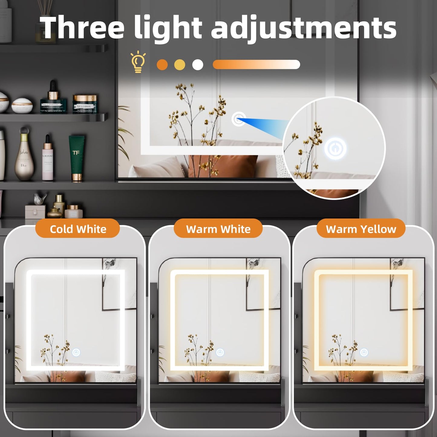 Oiroporz Vanity Desk with LED Mirror, Movable Cabinet, 5 Drawers & Open Shelves, 3-Color Adjustable Lighting for Bedroom