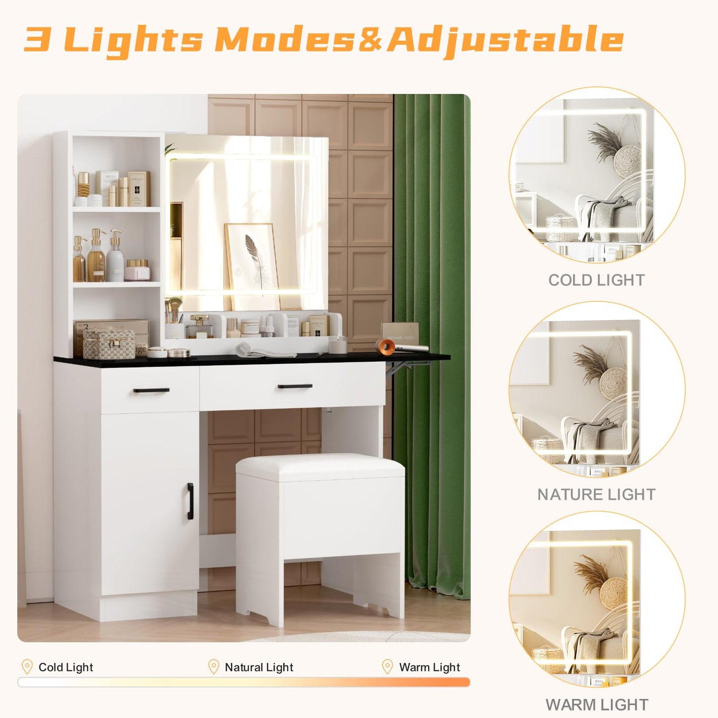 NUNU LAB Vanity Desk with Mirror and Lights with 6 Drawers and 4 Cabinets, Big Women Makeup Table with Power Outlet, 3-Color Adjustable Lighting for Bedroom Brown (Black)