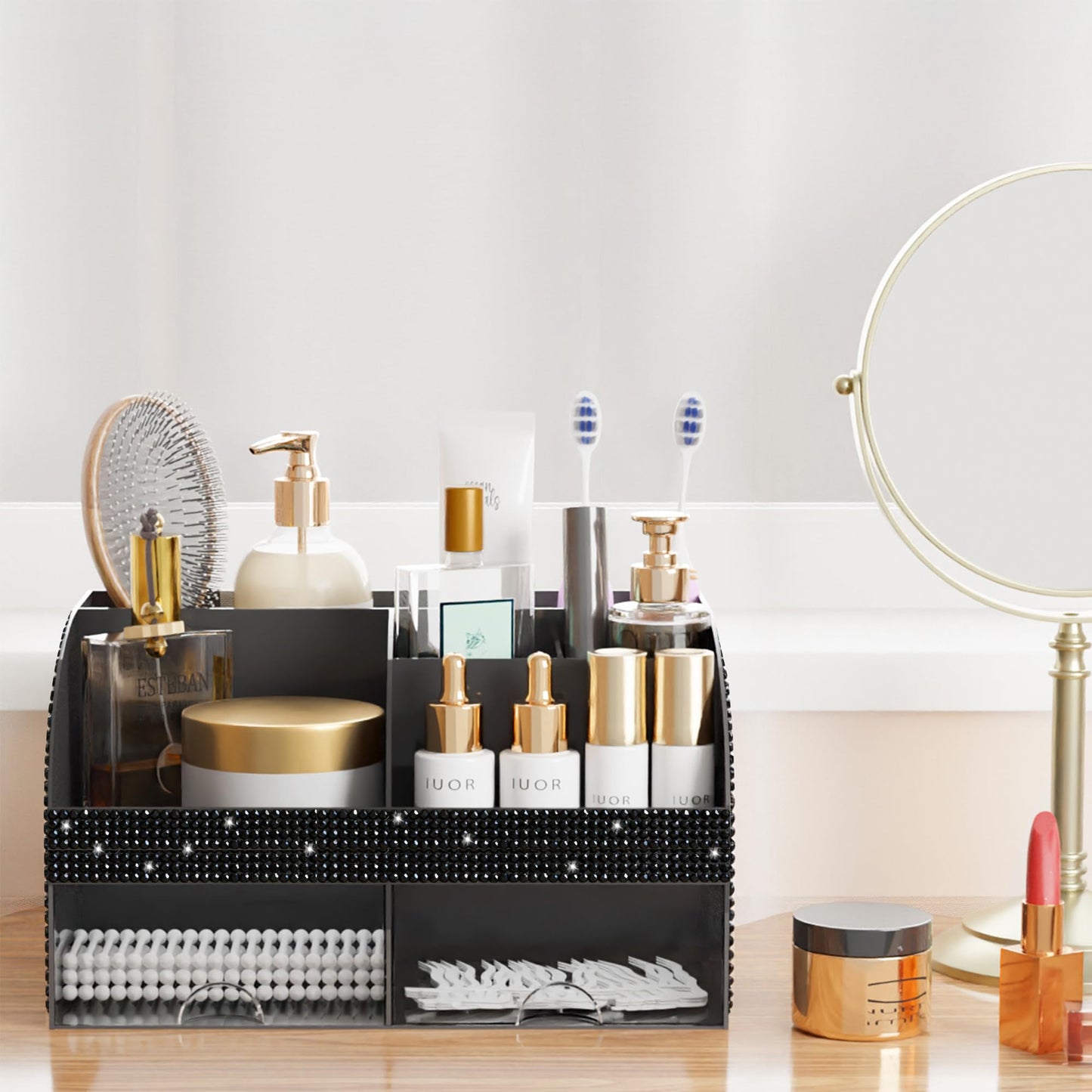 Bling Makeup Organizer with Drawers, Cosmetic Storage for Dresser Vanity and Bathroom Countertop, Beauty Holder for Lipstick Brush, Skincare Organizer for Vanity, Cosmetic Display Case Bling Black