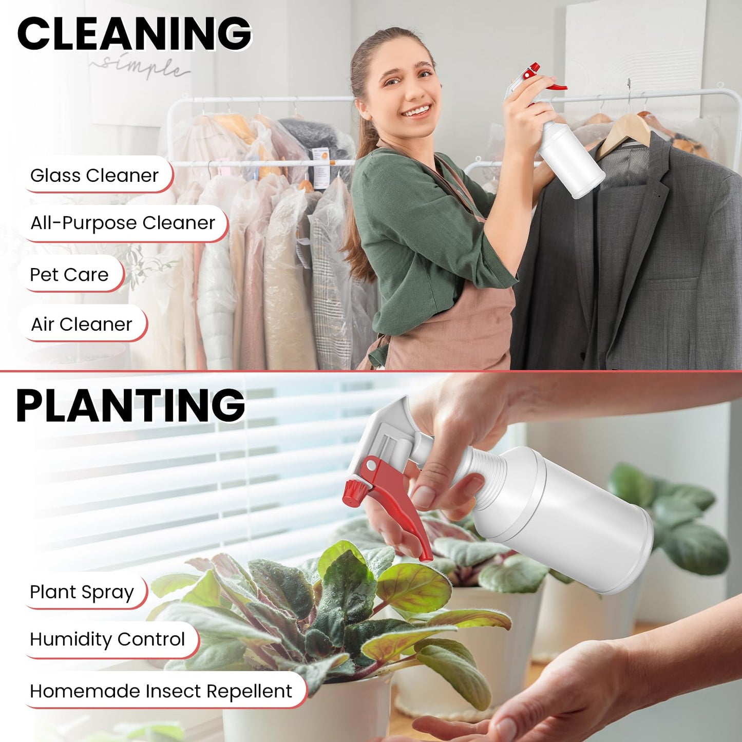 LiBa Spray Bottles (4 Pack,16 Oz), Refillable Empty Spray Bottles for Cleaning Solutions, Hair Spray, Watering Plants, Superior Flex Nozzles, Mist Sprayer, Bleach/Vinegar/Rubbing Alcohol Safe