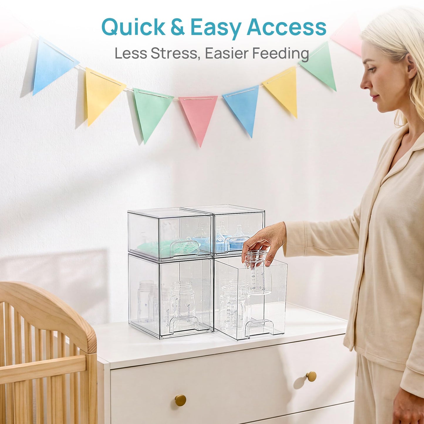 Vtopmart 4 Pack Baby Bottle Organizer Set, Stackable Storage Drawers Ideal for Kichen Countertop, Vanity, Bathroom, Cabinet, Pantry Organization