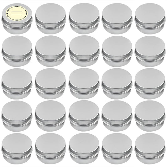 TUZAZO 24Pack 2 Oz Aluminum Tin Cans with Screw Lid and Labels, Refillable Travel Sized Cosmetic Containers Small Tins for Salves, Lotion Bars, Beard Balms, Candles
