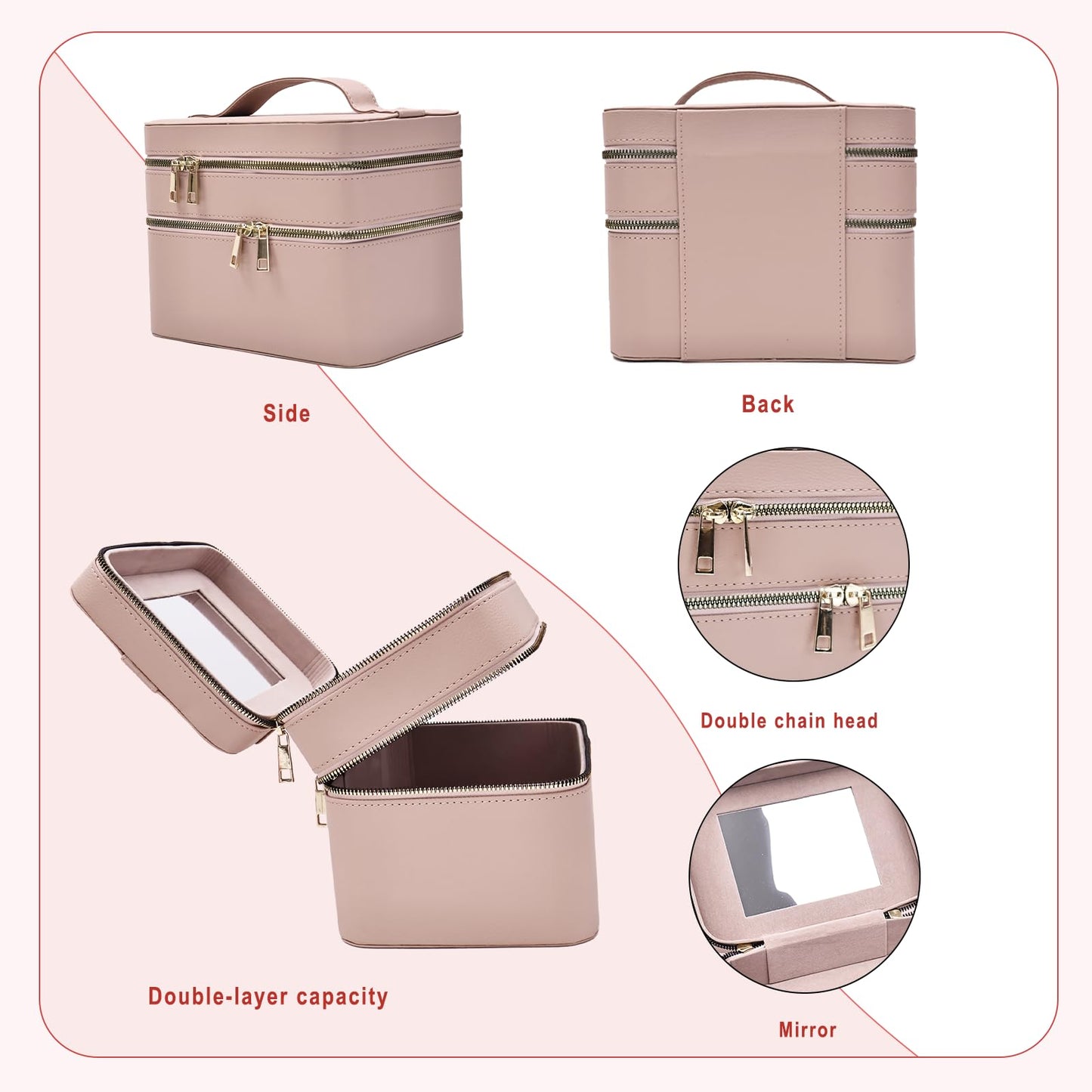 RCFJ b y K L A N D Hard Makeup Case, Double Layer Travel Cosmetic Case with Mirror - Waterproof PU Leather Toiletry Bag for Women