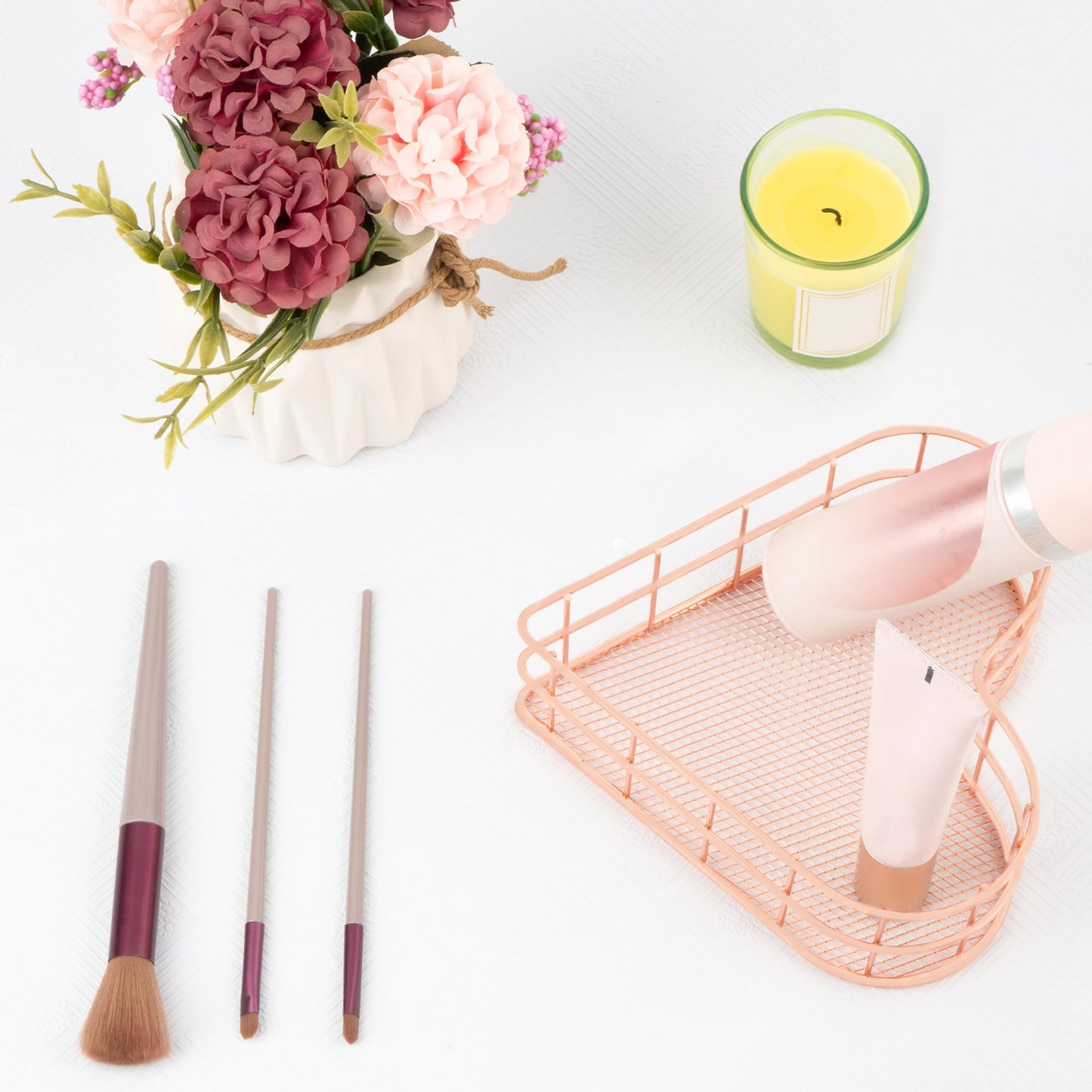 SHIDOW Heart-Shaped Mesh Basket Rose Gold Plated Makeup Desk Holder 1-Pack