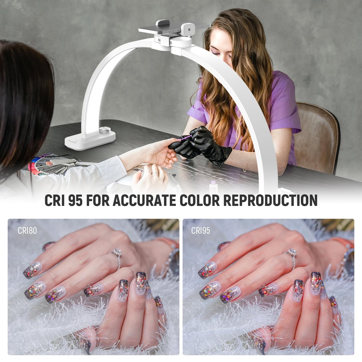 NEEWER Basic HM01-D 29" Arc Lamp, 40W Foldable LED Half Moon Table Nail Tech Light for Desk 3000K-6500K 3400lux/0.5m CRI95 USB Charging Phone Holder for Manicure Makeup Beauty Tattoo Overhead Shooting