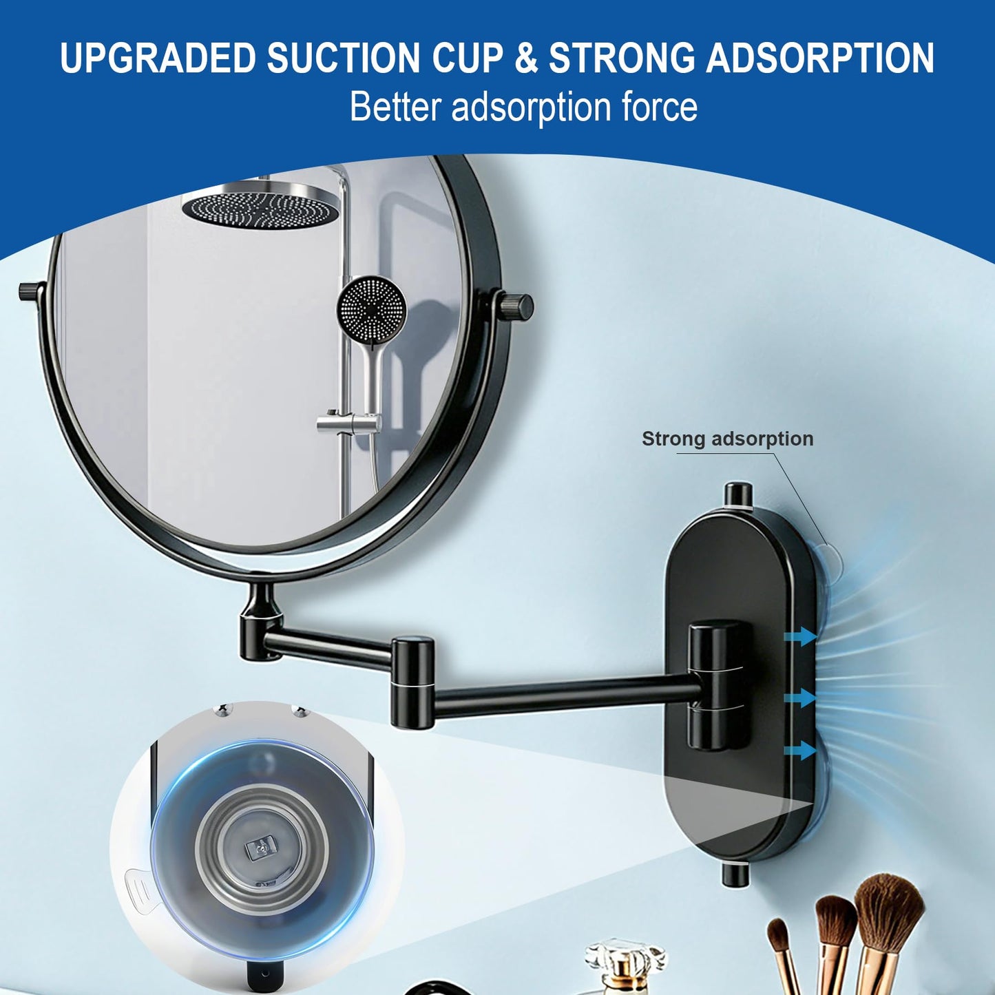 8“ Suction Cup Makeup Mirror Wall Mounted No Drilling, 1X/10X Magnifying Mirror Wall Mounted Makeup Mirror Swing Arm 360° Rotation, Wall Mount Powerful Suction Cup for Bathroom & Shaving Black