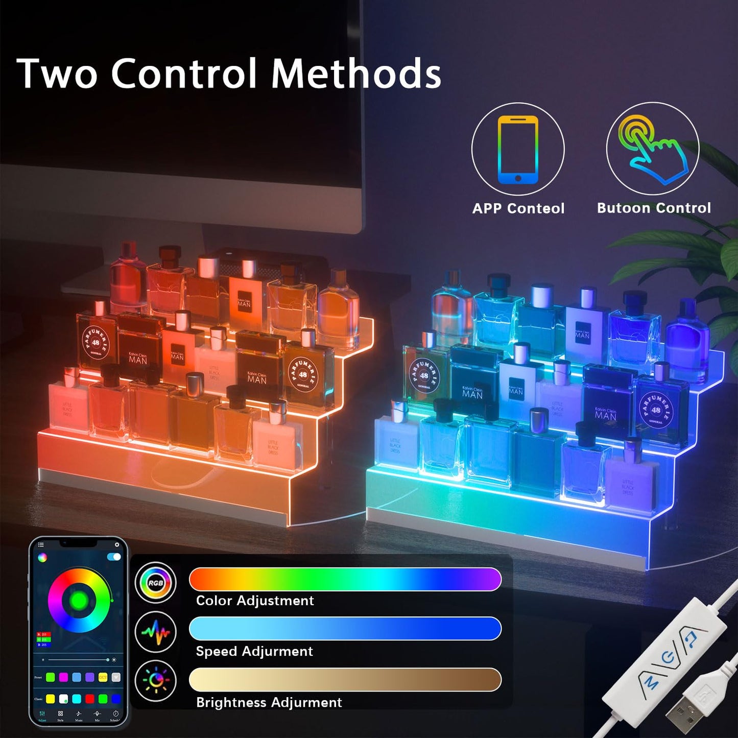 16” Acrylic Display Organizer with LED Light - 3 Tier Perfume Organizer for Women, Cologne Organizer for Men, Figures Stand, Clear Riser, Perfume Stand and Display Step Shelves Holder, 2 Pack Stands