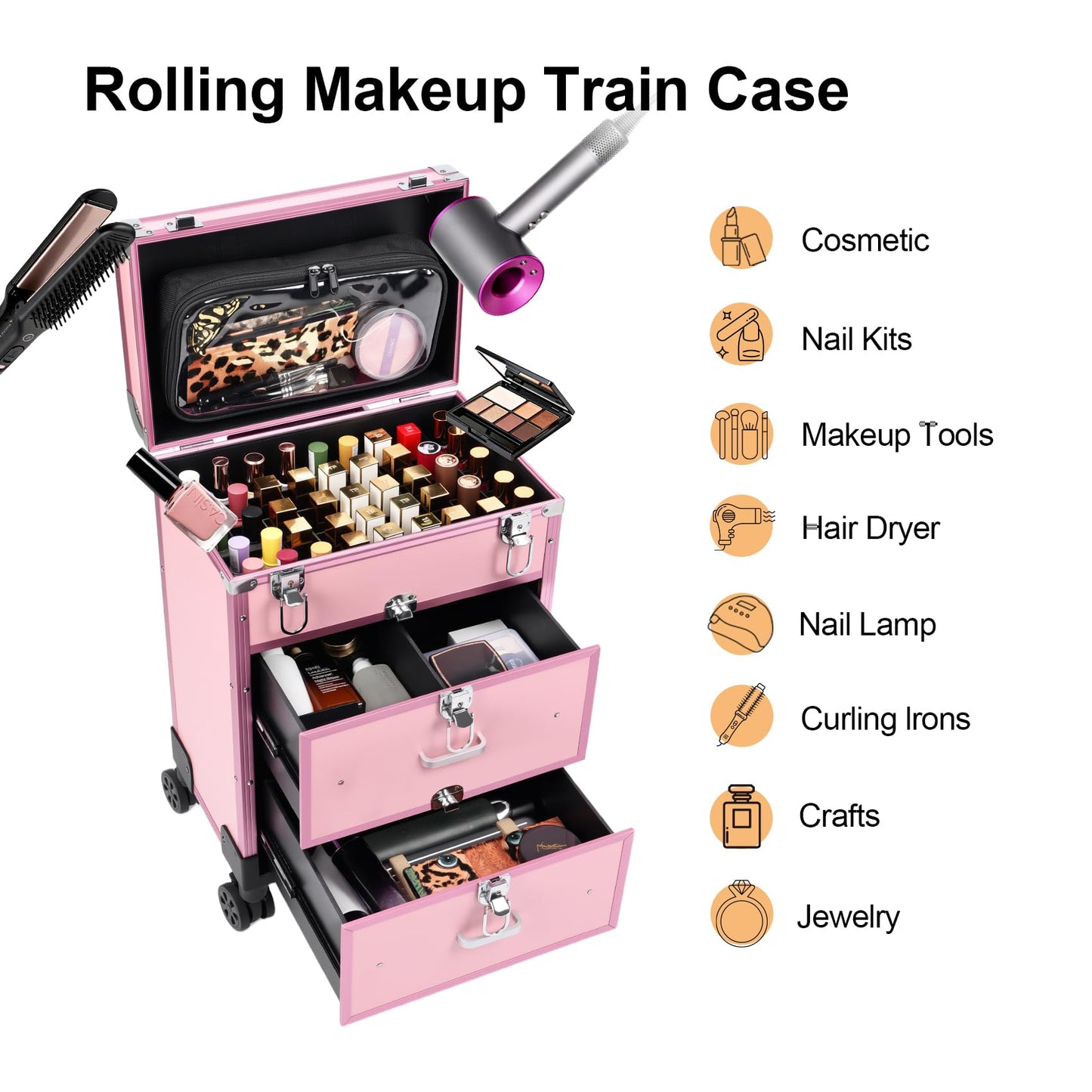 3 in 1 Rolling Makeup Case, Professional Cosmetology Case on Wheels, Detachable Clear Makeup Bag & Nail Polish Organizer, Portable Makeup Trolley with Drawers for Makeup Artists & Nail Technicians