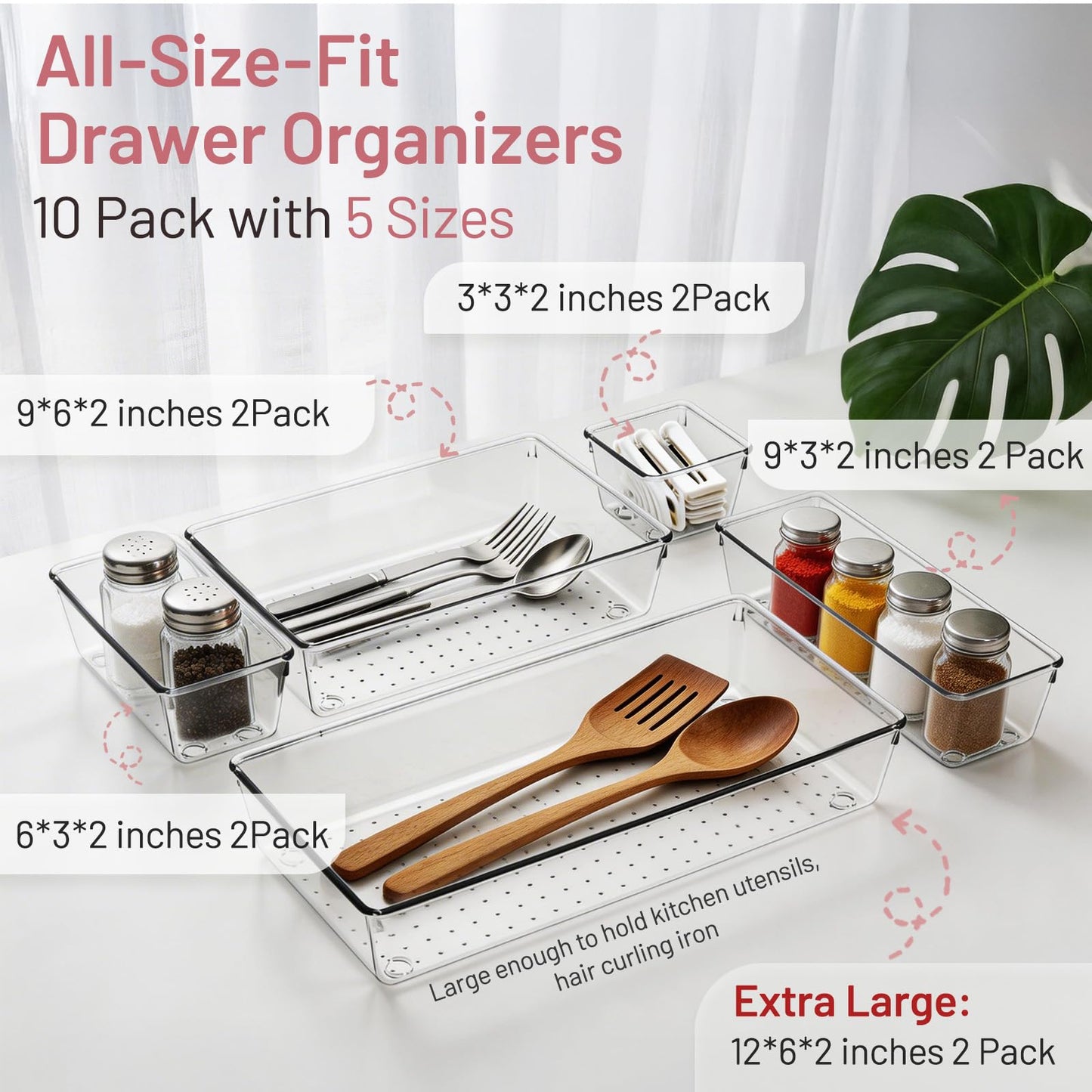 CHOWAY Drawer Organizer, 10 Pack Large Clear Plastic Organizer Bins 5 Sizes, Versatile Bathroom Drawer Trays, Heavy Duty Non‑Slip Drawer Dividers for Makeup, Office & Kitchen Utensils