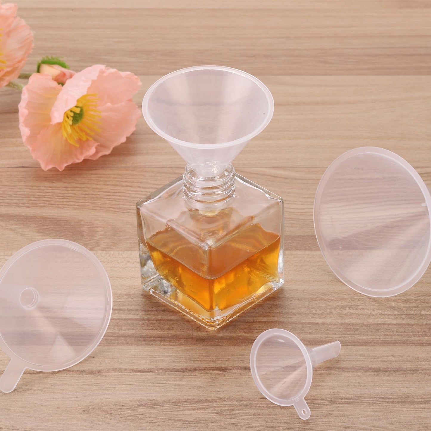 PATIKIL 3 Inch Clear Plastic Funnel, 4 Pcs Wide Mouth Multipurpose Transfer Funnel with Long Spout for Filling Water Bottle Liquid Lab Spices Powder Oil