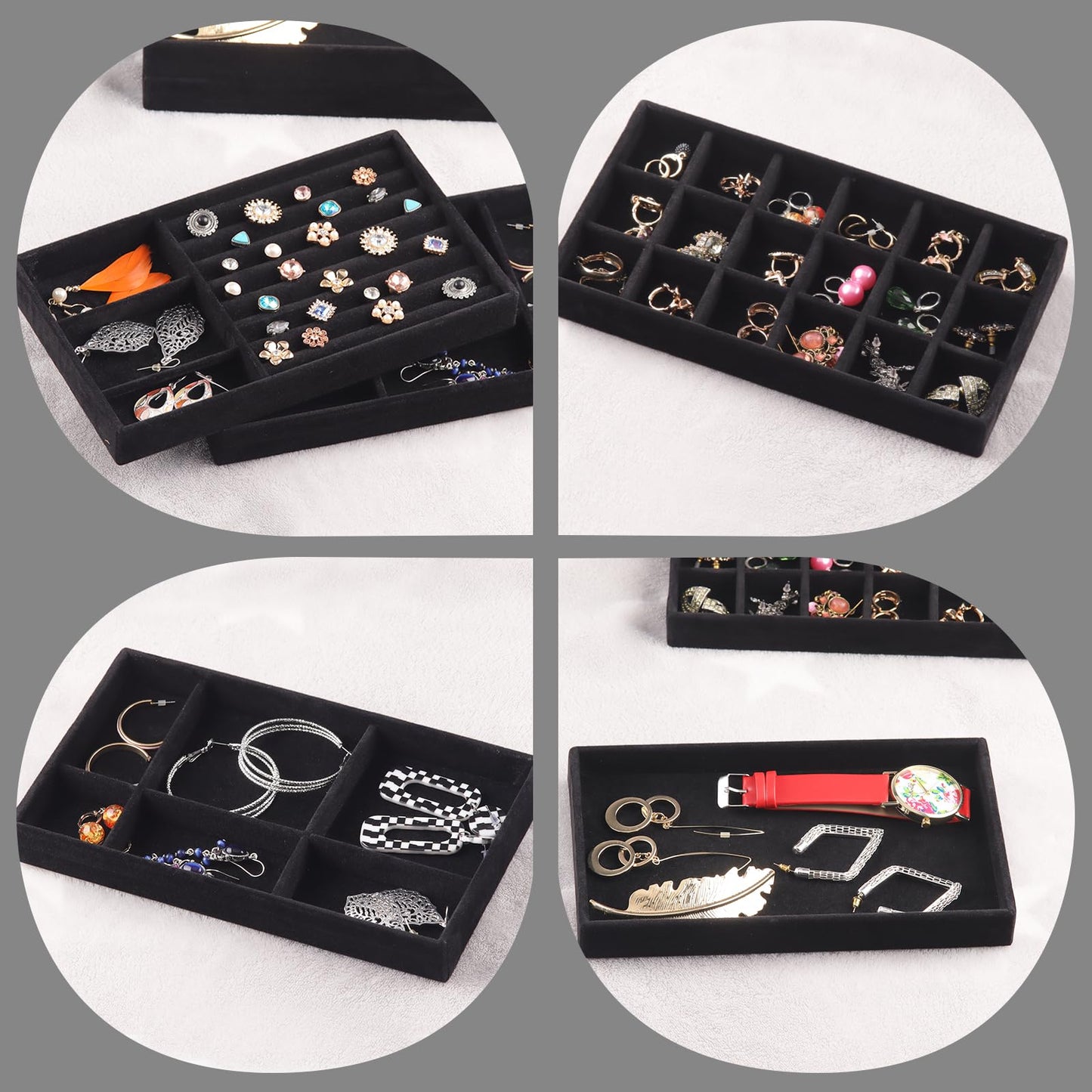 Afnkiom Jewelry Trays,Velvet Stackable Organizer Trays,Drawer Inserts Jewelry Display Case For Rings Stud Necklaces Earring Organizer Tray for Women Girls-8 Pack (Black)