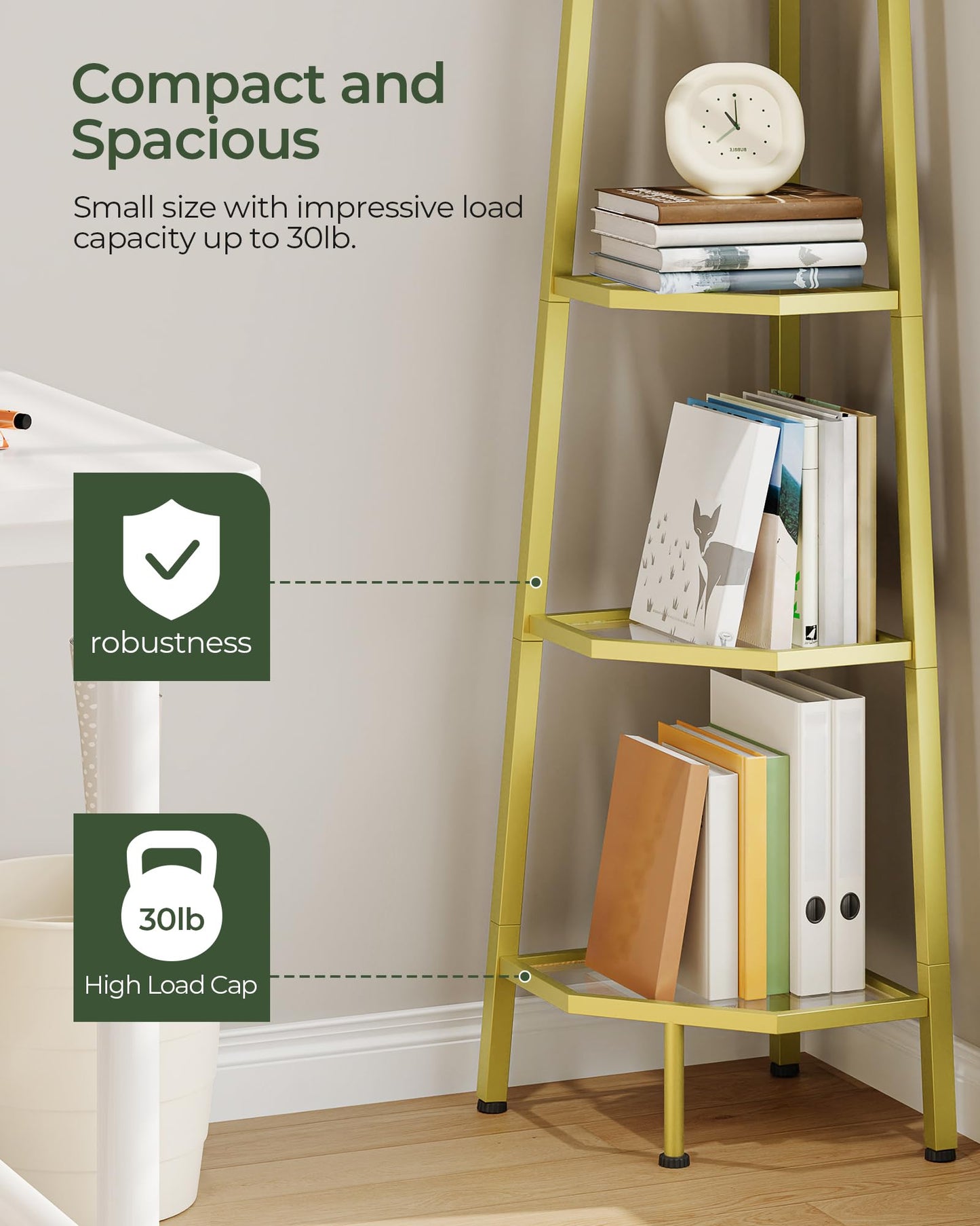 CHOEZON 5-Tier Corner Shelf, 59.6” Corner Storage Stand, Floorstanding Dispaly Rack, Tempered Glass Corner Bookshelf, Open Plant Stand, for Living Room, Bedroom, Study, Bathroom, Gold TCJ21GJ