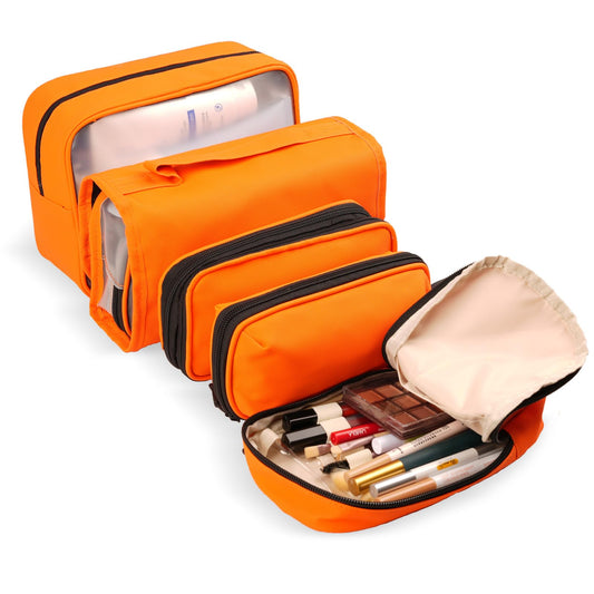 Idcymoul Travel Toiletry Bag Set for Women, Compact Size 5-Piece Hanging Organizer Kit with TSA Approved Cosmetic Bag, Jewelry Case & Cable Pouch, Waterproof Makeup Bag for Travel Essentials - Orange