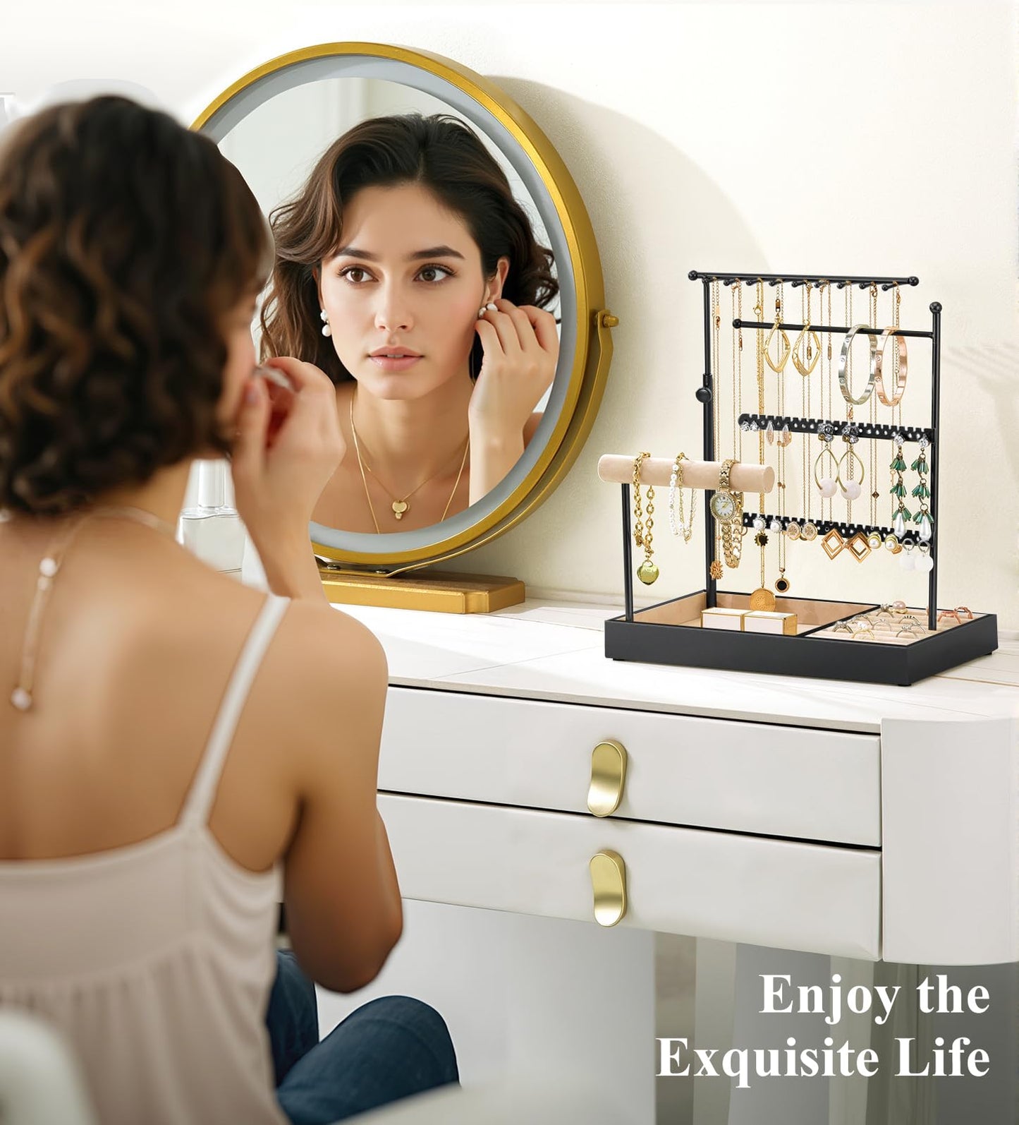 Emibele Jewelry Holder, Jewelry Organizer Stand Necklace Earring Bracelet Holder, 5 Tier Jewelry Display Tower Rack with Metal Frame and Velvet Ring Tray, Aesthetic Jewelry Stand Gift for Women, Black