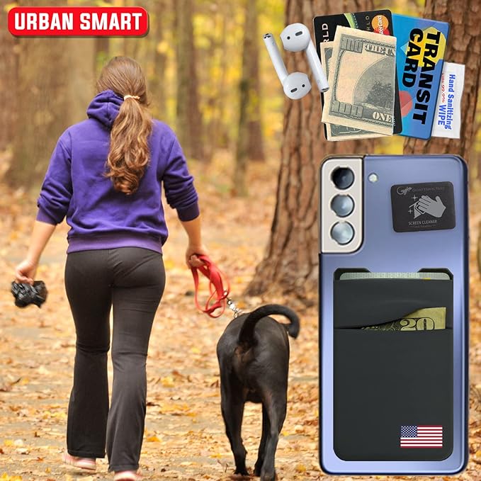 Gecko Travel Tech Double Pocket - Adhesive Card Holder - Cell Phone Pouch - Stick on Spandex Pocket - Carry Credit Cards and Cash (USA FLAG - GRAY)