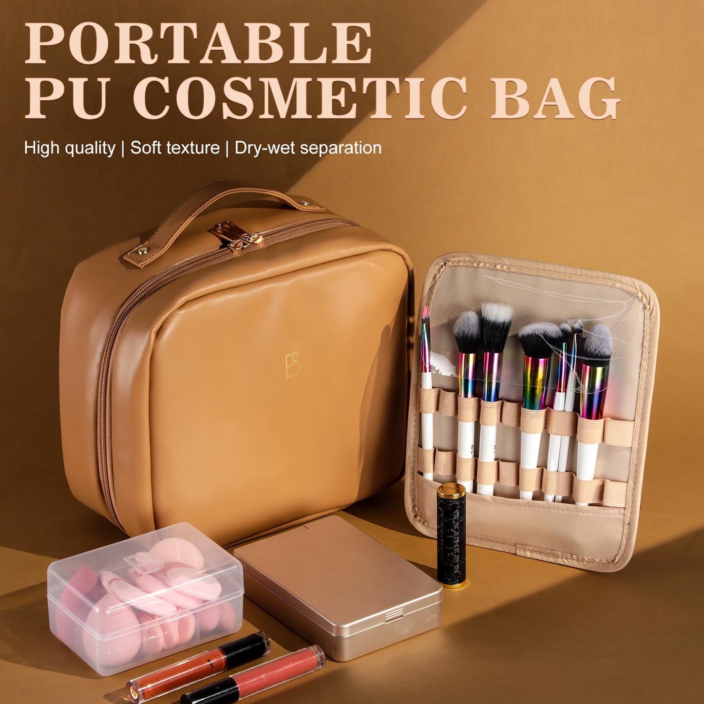 BS-MALL XL Makeup Case Premium Makeup Bag with Soft Leather, Waterproof and Durable for Long-Term Use