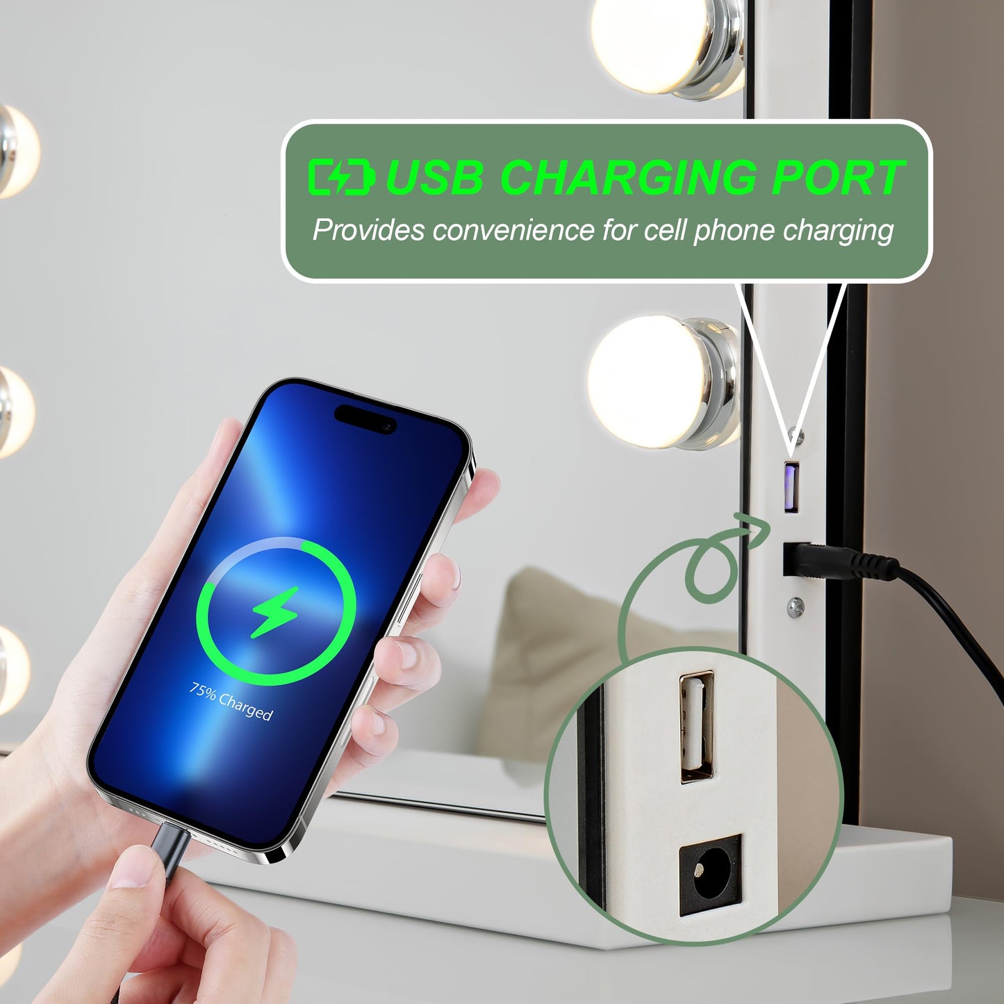 Lintterty Makeup Mirror with Light, Vanity Mirror with 15 Dimmable LED Bulbs, 3 Color Lighting Modes, 10X Magnification, Touch Control, USB Charging Port, White Metal Frame