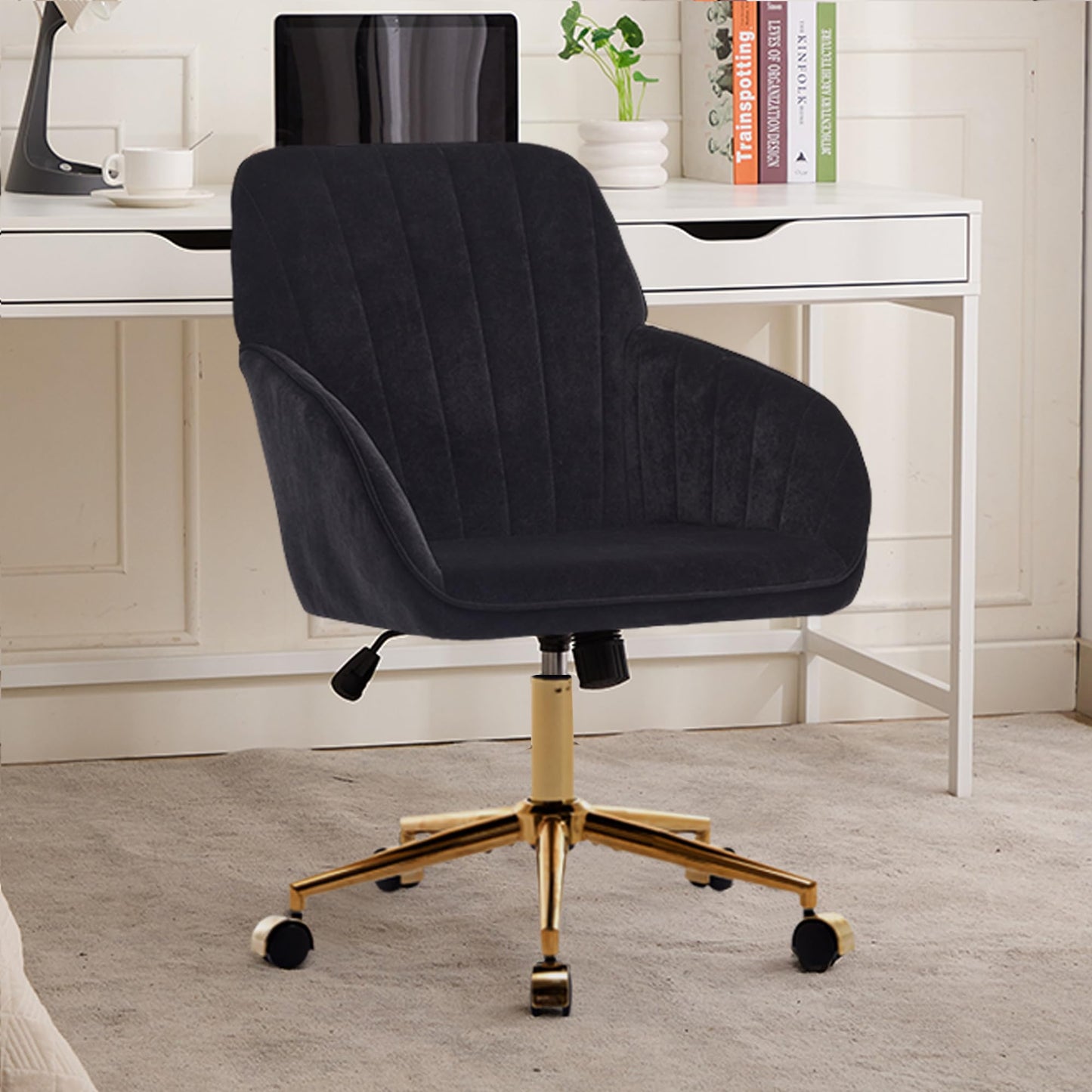 Klwenas Maec Black Velvet Desk Chair for Home Office, Modern Adjustable Computer Task Chair Swivel Chair Cute Vanity Chairs with Arm Rest for Bedroom Living Room Make-up Room (Black-Gold)