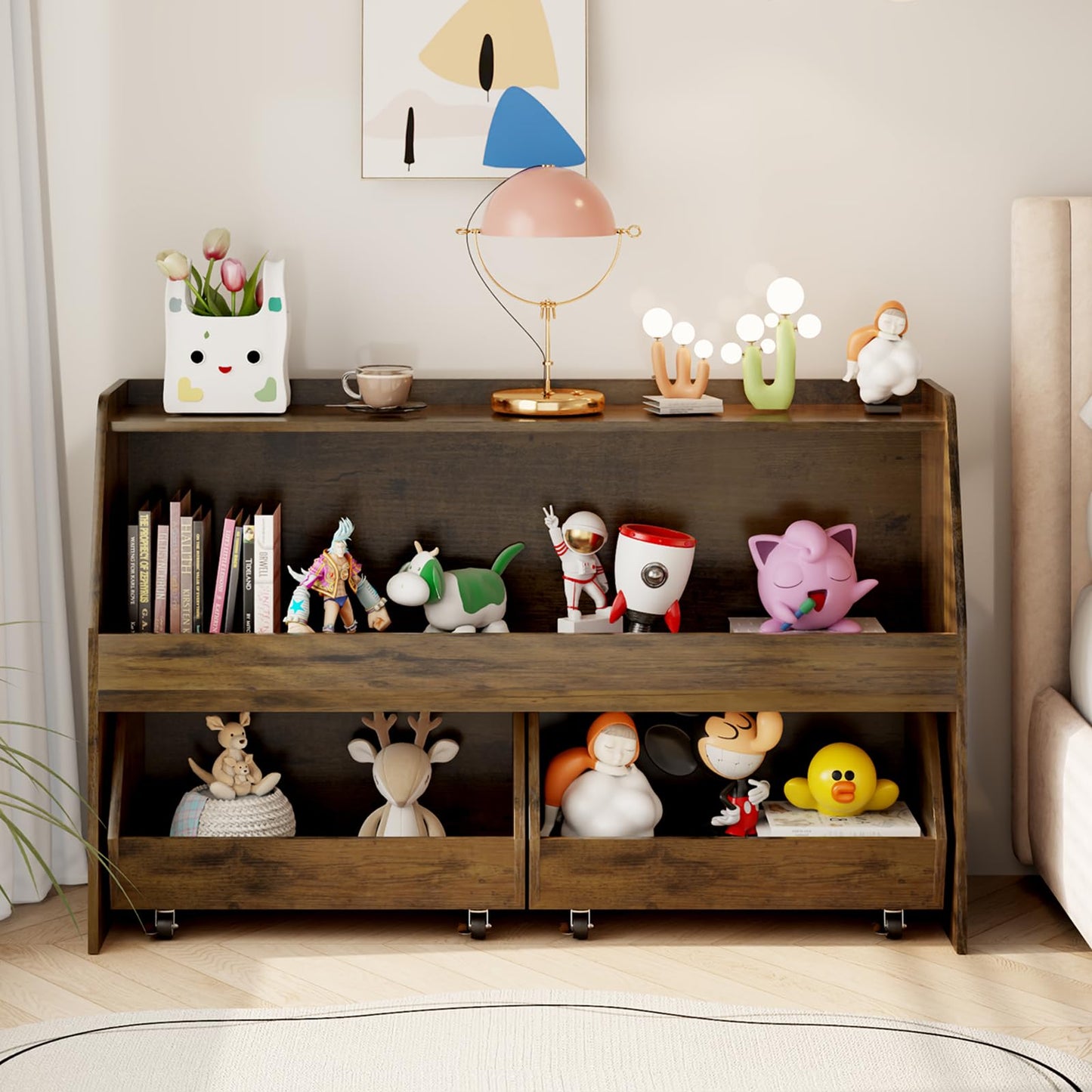 COZPAW 2 Tier Toy Storage Organizer Montessori Shelf with Movable Bins (White)