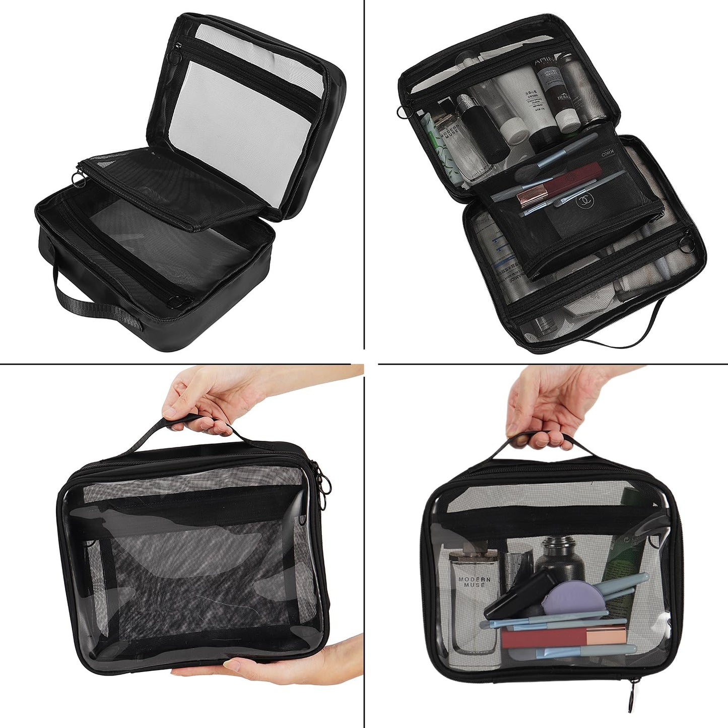 UEOE TSA Approved Toiletry Bag, Clear Makeup Bags with Multi Layer Mesh Pockets, Portable Large Capacity PVC Cosmetic Bags with Zipper for Travel Essentials