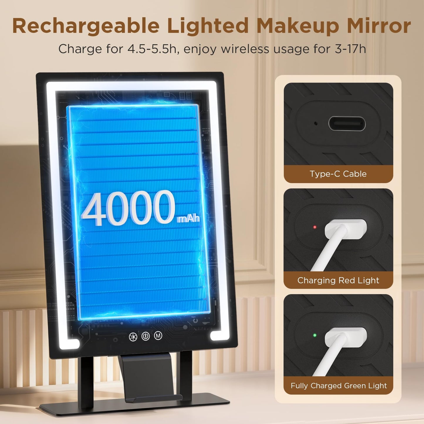 FRANO Vanity Mirror with Lights, 3 Color Lighting Modes, Detachable 10x Magnification, 4000mAh Rechargeable Lighted Makeup Mirror, Smart Touch Control, Phone Holder, for Vanity Desk Tabletop