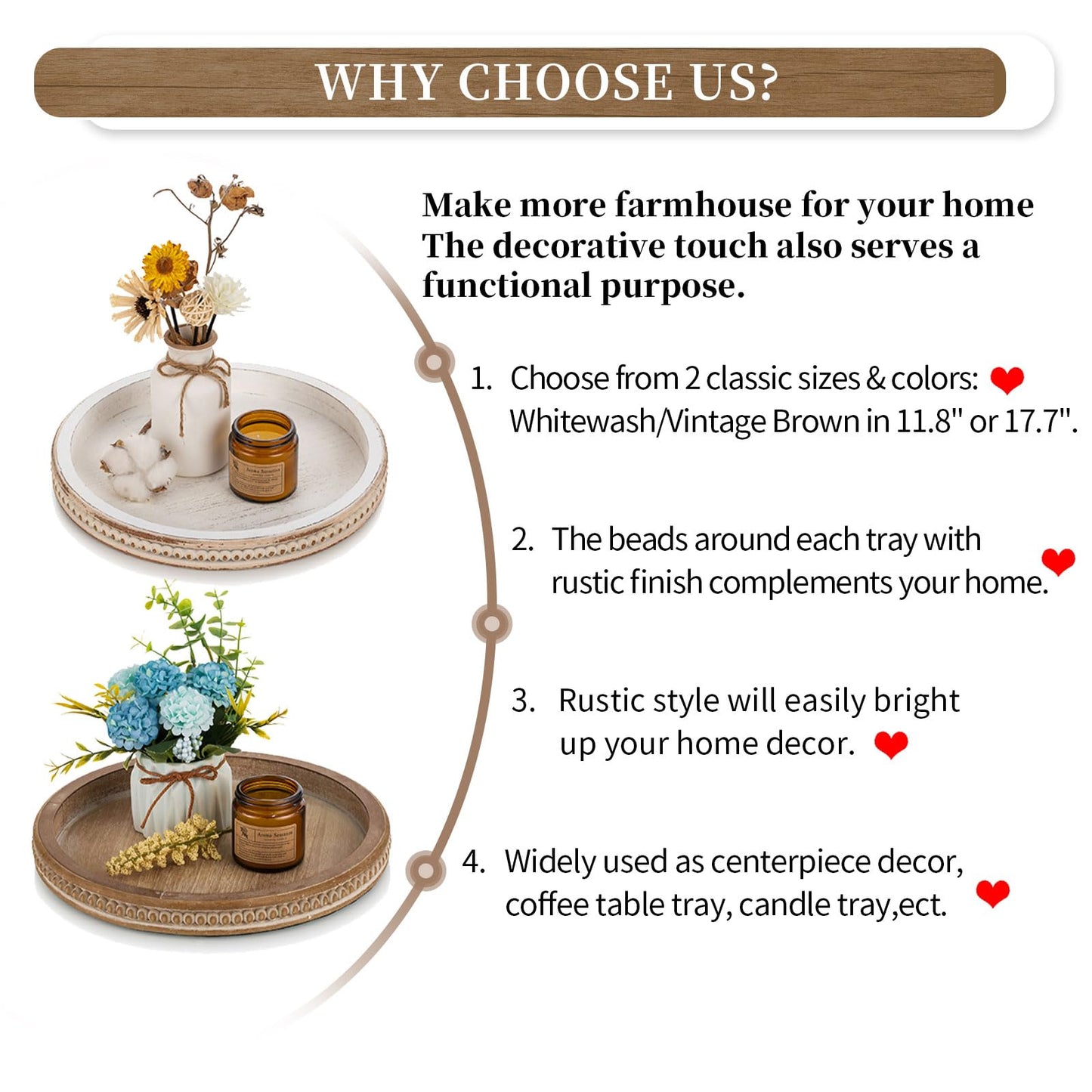 Hanobe Decorative Tray for Coffee Table: 10.5-Inch Round Whitewashed Wood Tray for Rustic Farmhouse Living Room Kitchen Island Entryway Home Decor
