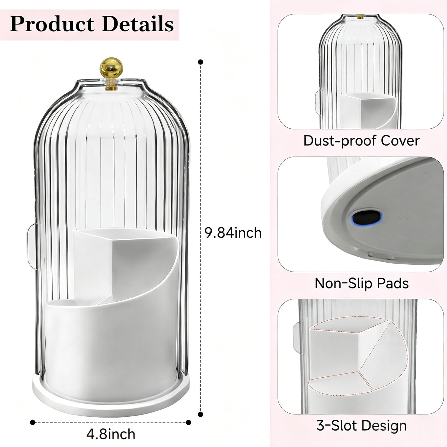 Bilziviro Makeup Brush Holder with 360° Rotating Lid, Covered Cosmetic Brush Organizer for Vanity, Bathroom Countertop Toothbrush Holder, Dustproof, Waterproof, Easy to Clean