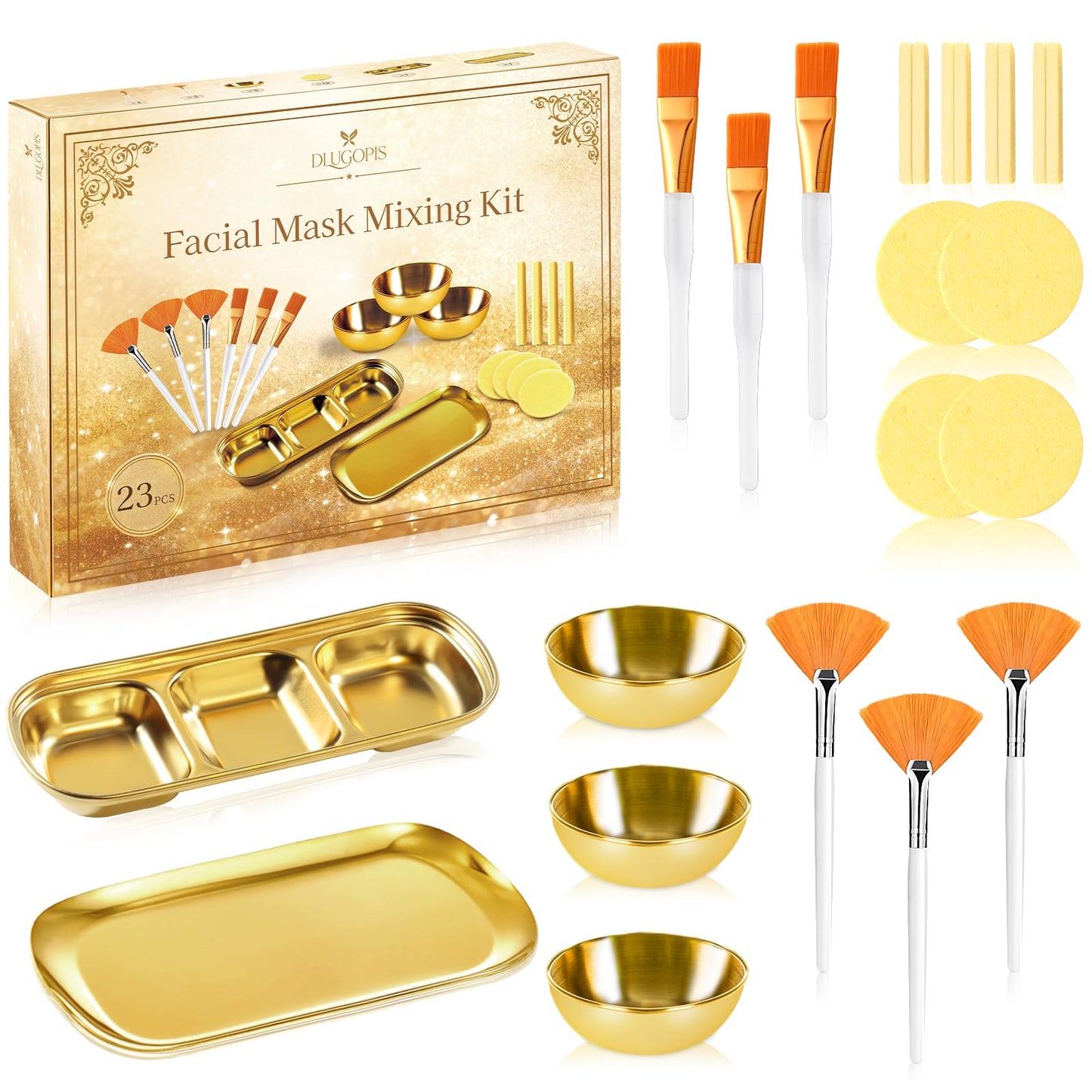 23 Pcs Esthetician Supplies 3 Stainless Steel Gold Mixing Bowls Gold Small Serving Tray 3 Compartment Serving Tray 3 Facial Fan Brushes 3 Face Mask Applicator Brush 12 Facial Sponge Compressed Round