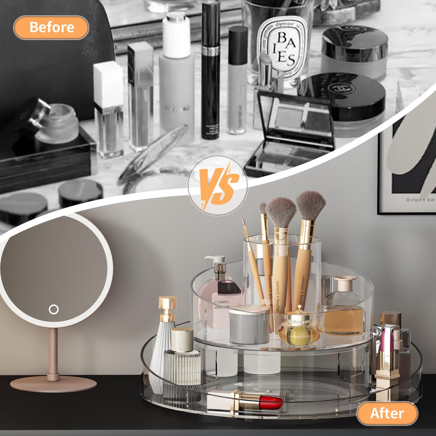 Molutsody 360° Rotating Makeup Organizer - Cosmetic Skincare Organizers wish Brush Holder, Large Capacity Cosmetic Display Case for Vanity, Bathroom Countertop (Clear)