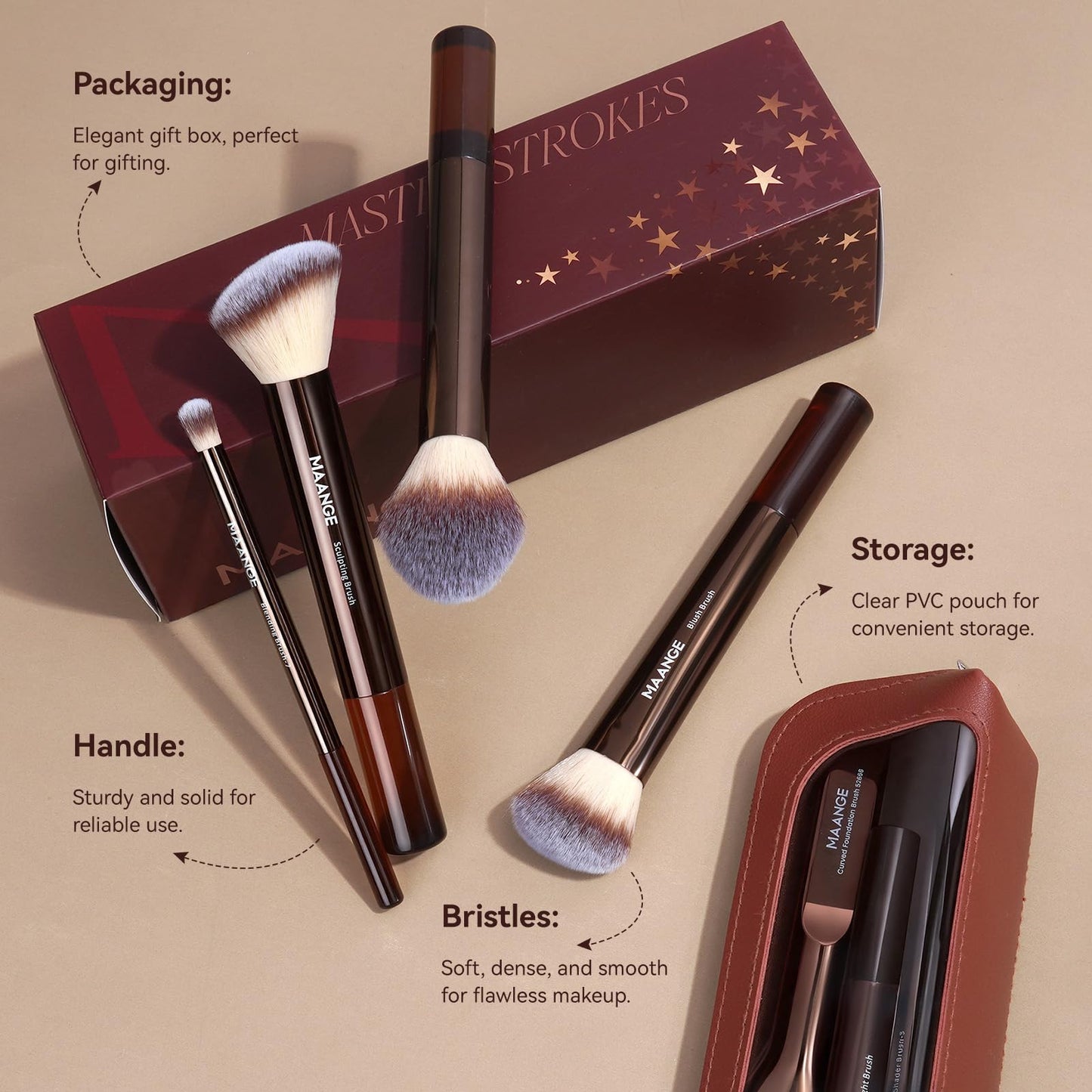 MAANGE 14 PCS Makeup Brushes Professional Make Up Brushes Premium Synthetic Powder Concealers Brushes Travel Makeup Brush Set with Case (Coffee)