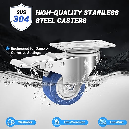 Nefish Stainless Steel Castor Wheels 2 Inch with Brake,Washable 304 Heavy Duty Casters Set of 4, Anti-Corrosion Stainless Steel Industrial Caster for Furniture,Toolbox,Restaurants,Outdoor