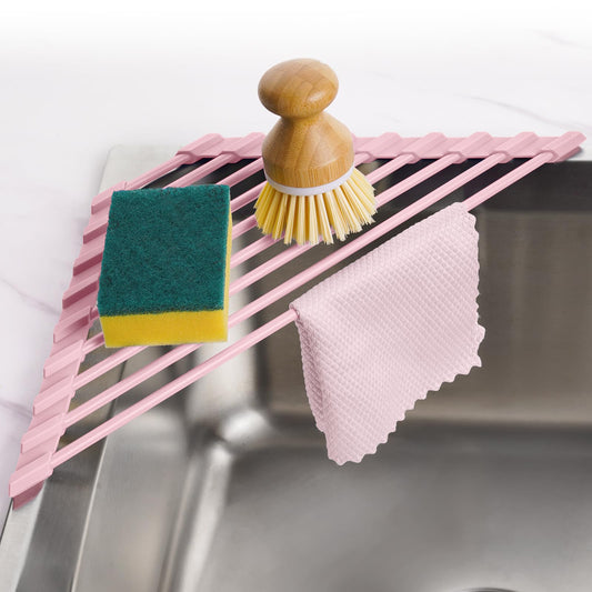 Tomorotec Compact Silicone-Coated Triangle Dish Drying Rack for Sink Corner - Foldable Stainless Steel Over-The-Sink Organizer and Storage Shelf (Pink)