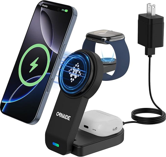 Wireless Charger for Apple MagSafe, Foldable 3 in 1 Wireless Charging Station Magnetic Charger Stand for iPhone 17/16/15/14/13/12 Series/Apple Watch10-2/Airpods (Black)