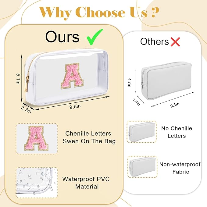 Personalized Initial Letter Clear Makeup Bag,Preppy Small Nylon&PVC Cosmetic Zipper Bag with Chenille Letter,Travel Skincare Toiletry Bag,Monogram Christmas Gift for Teen Girls Women,E
