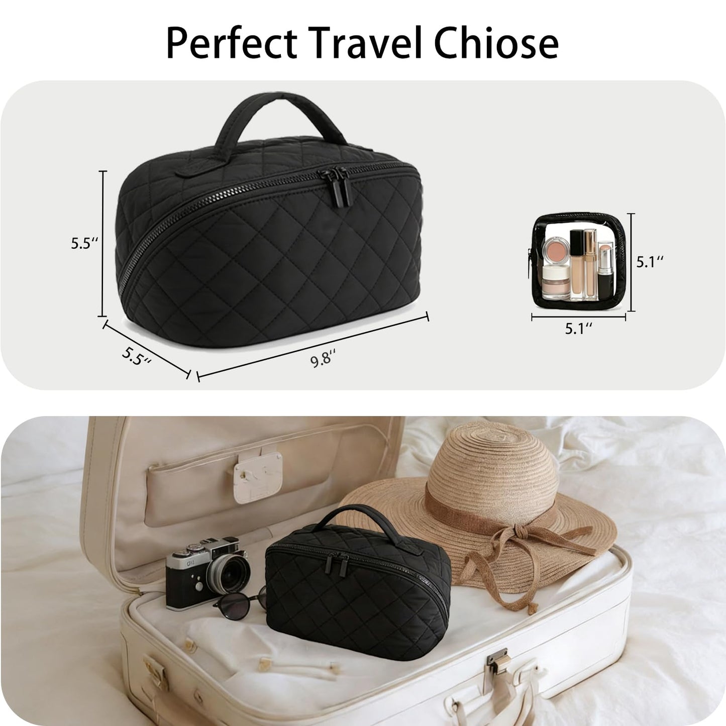Gmkato Travel Makeup Bag for Women,Large Capacity Waterproof Makeup Organizer, Open Flat Toiletry Bag for Toiletries (Black, Large)