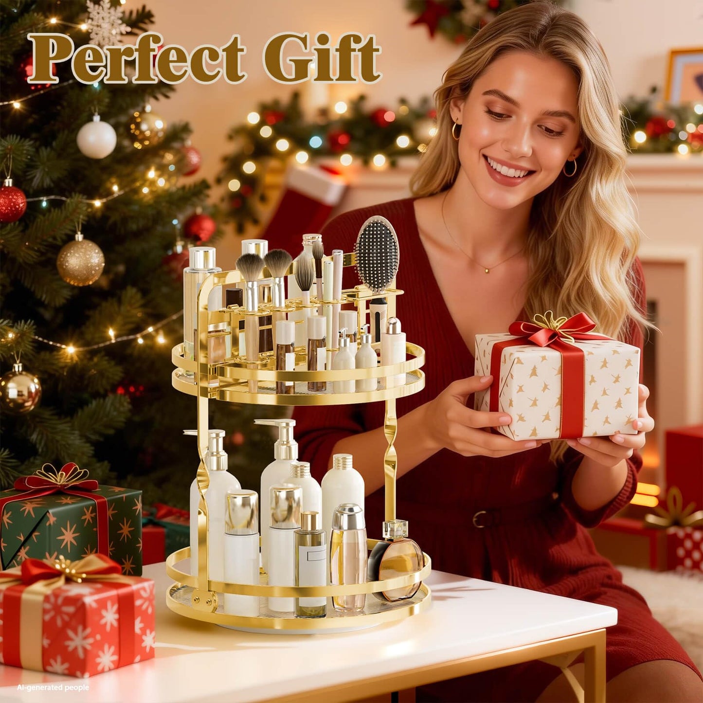 DUANFEE 360° Rotating Makeup Organizer, 2-Tier Gold Perfume Organizer for Dresser, Bathroom Organizer Countertop, Lazy Susan Spinning Perfume Stand Vanity Skincare Storage with Makeup Brush Holder