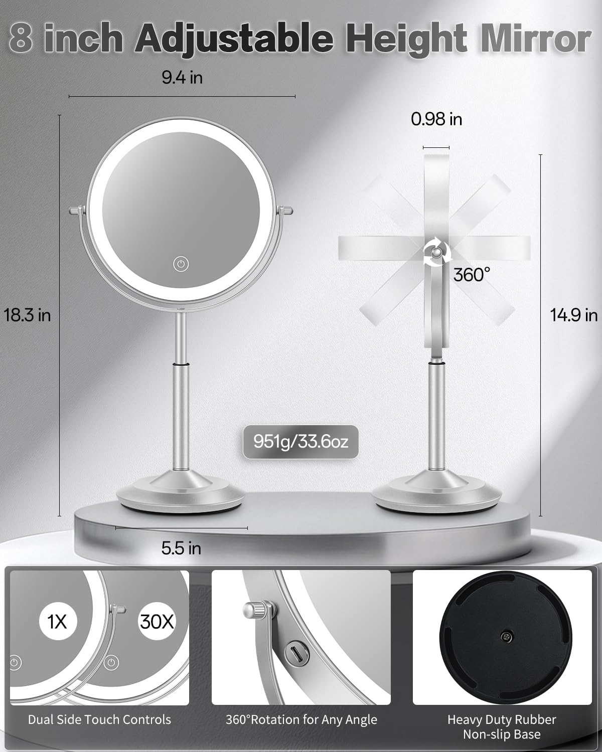 VFD 30X/1X Makeup Mirror with Lights, Height Adjustable Lighted Magnifying Vanity Mirror with 3 Lighting and Adjustable Brightness, 3000mAh Rechargeable Double Sided Switch for Desk Women Gift