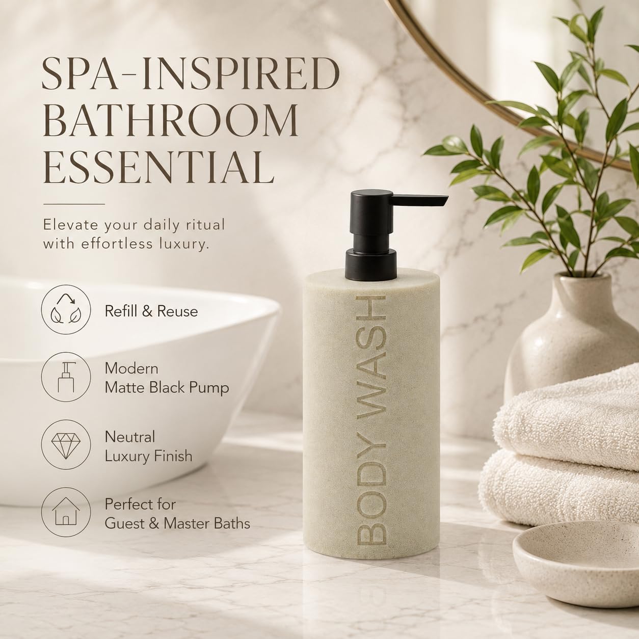 Indecor Home Resin Tan Sandstone Body Wash Engraved Bottle Refillable Pump Dispenser, Durable Waterproof Resin Construction for Bath, Shower - Tan Sandstone, ORB Pump
