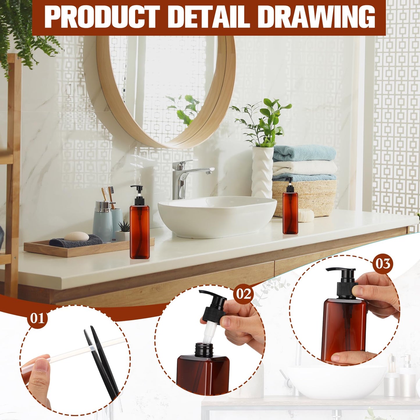 Didaey 8 Pcs Amber Plastic Bottles with Pump 16 oz Refillable Shampoo Dispenser Empty Body Wash Soap Conditioner Lotion Bottles for Bathroom, Kitchen Sink, Hotel, Salon, Cosmetic